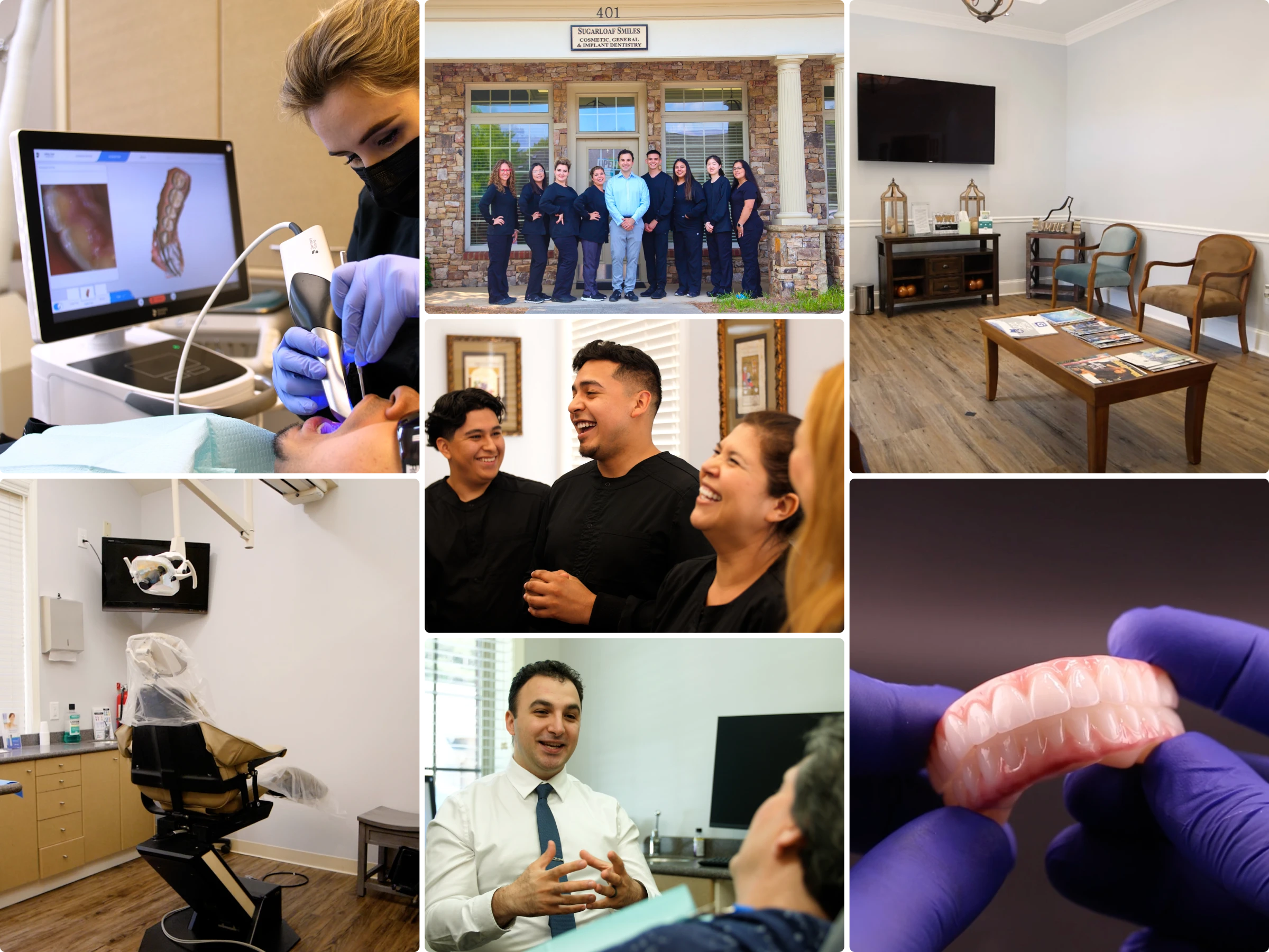 Photo collage of Sugarloaf Smiles staff, office spaces, technology, and dentures